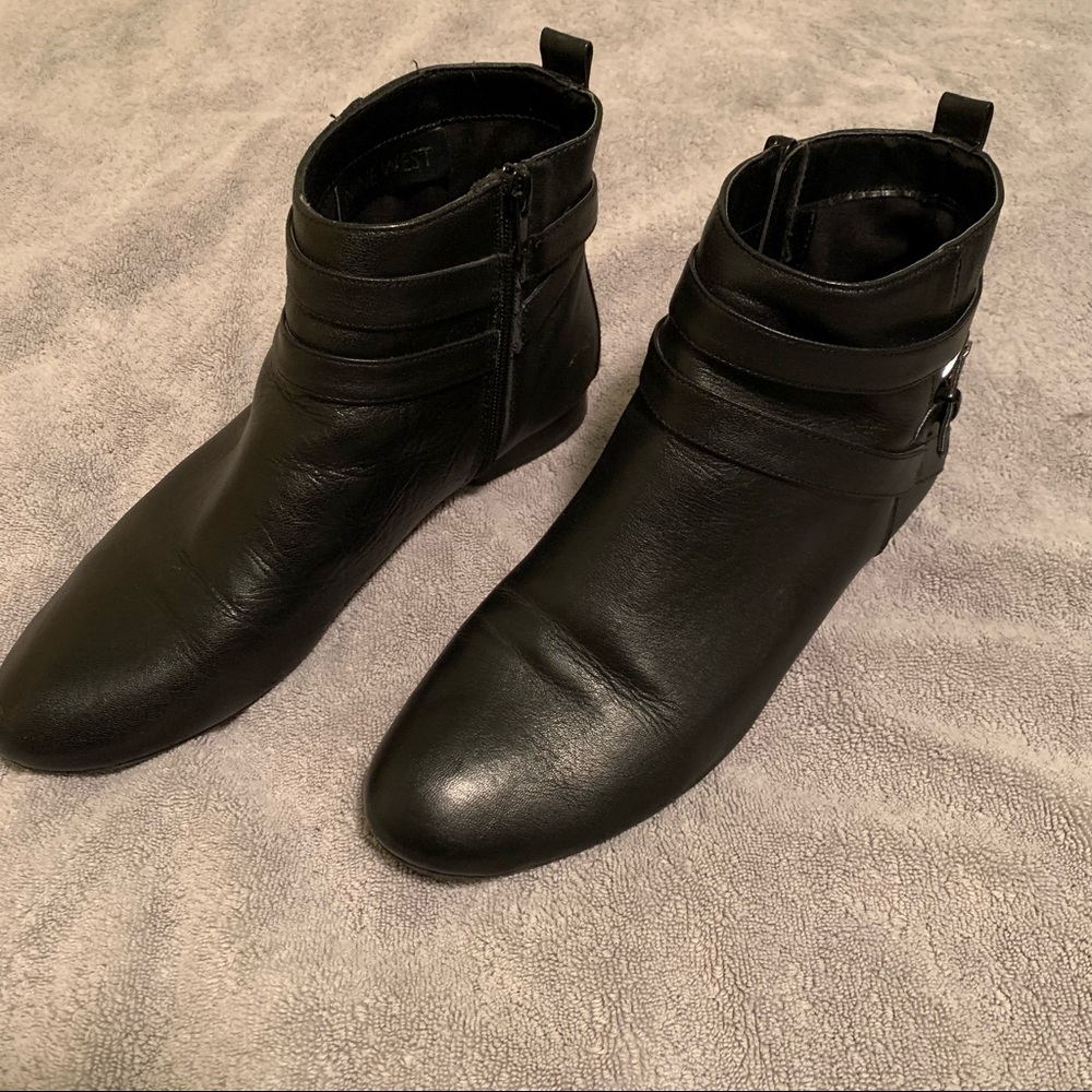 Nine West Black Leather Ankle Boot with Faux Wrap Buckle